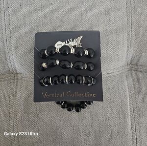 Vertical Collective Black Beaded Charms Bracelet Set Of 3 New /w Box